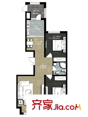 弘基世紀(jì)城戶型圖二期高層A戶型 2室2廳1衛(wèi)1廚