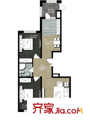 弘基世紀(jì)城戶型圖二期高層B戶型 2室2廳1衛(wèi)1廚