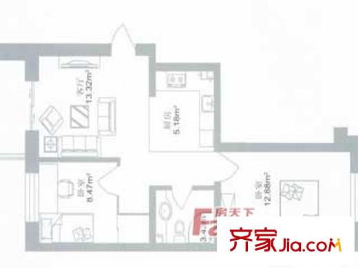 弘基世紀(jì)城戶型圖兩室一廳2 2室1廳1衛(wèi)1廚