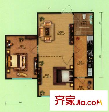 遠(yuǎn)大中央公園戶型圖2號樓G戶型圖 2室1廳1衛(wèi)1廚
