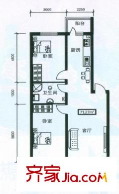 金豪斯經(jīng)典戶型圖戶型 使用面積71.27平方米 2室1廳1衛(wèi)1廚