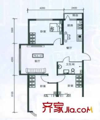 金豪斯經(jīng)典戶型圖戶型 使用面積79.5平方米 3室2廳1衛(wèi)1廚