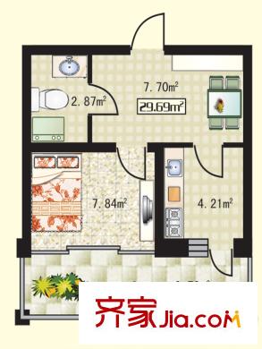 學(xué)院新城戶(hù)型圖A戶(hù)型 1室1廳1衛(wèi)1廚