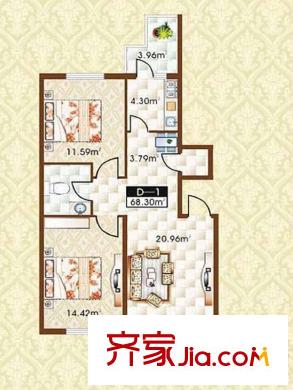 學(xué)院新城戶(hù)型圖二期高層E戶(hù)型 2室1廳1衛(wèi)1廚