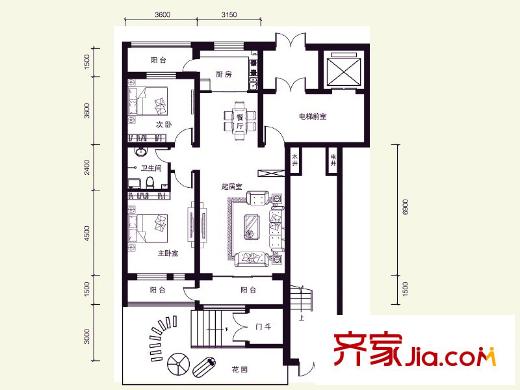 盛世香灣Y3戶(hù)型  2室2廳1衛(wèi)1廚