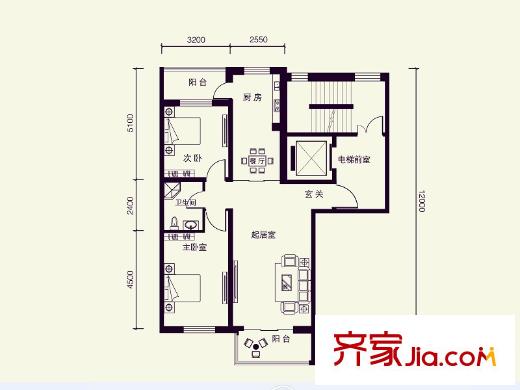 盛世香灣B3戶(hù)型 2室2廳1衛(wèi)1廚