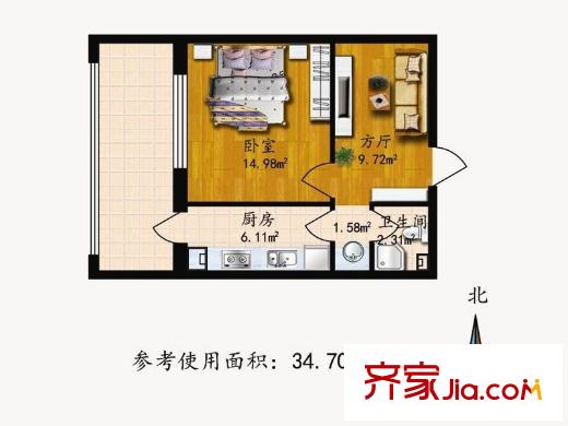 家園新城戶型圖E戶型 1室1廳1衛(wèi)1廚