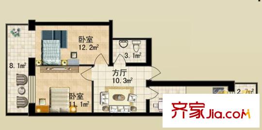 金馬花園戶型圖兩室一廳45.4平方米 2室1廳1衛(wèi)1廚