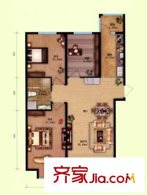 遠(yuǎn)大中央公園戶型圖7號樓D戶型圖 3室2廳1衛(wèi)1廚