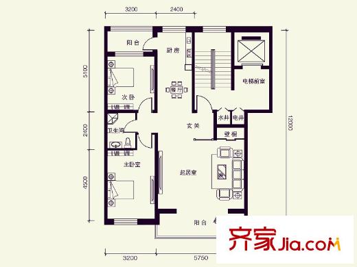 盛世香灣A2戶(hù)型 2室2廳1衛(wèi)1廚