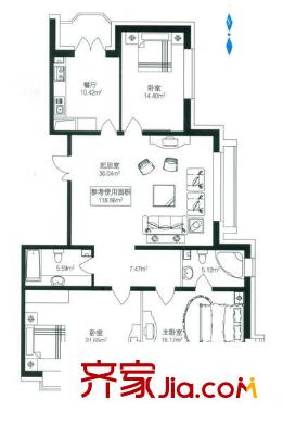 公園麗景戶型圖戶型D棟一單元1號(hào) 使用面積118.86平方米 3室1廳2衛(wèi)1廚