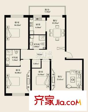 楓林時代戶型圖三室兩廳110.86平方米 3室2廳2衛(wèi)1廚
