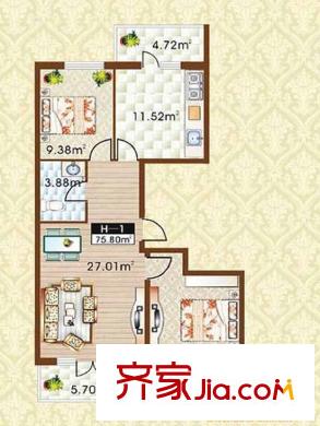 學(xué)院新城戶(hù)型圖二期高層F戶(hù)型 2室2廳1衛(wèi)1廚