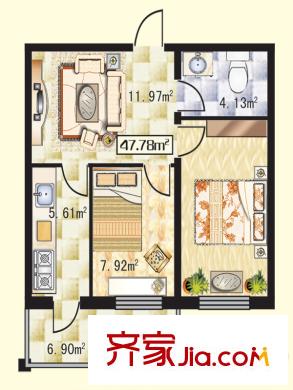 學(xué)院新城戶(hù)型圖C戶(hù)型 2室1廳1衛(wèi)1廚