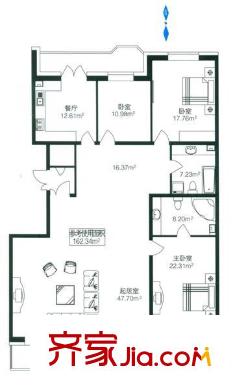 公園麗景戶型圖戶型D棟二單元1號(hào) 使用面積162.34平方米 3室1廳2衛(wèi)1廚