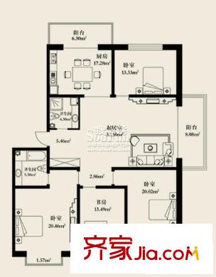 楓林時代戶型圖四室一廳135.08-138.22平方米 4室1廳2衛(wèi)1廚