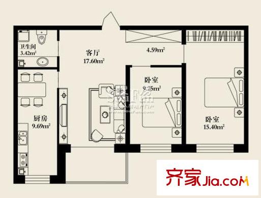 楓林時代戶型圖兩室一廳59.95平方米 2室1廳1衛(wèi)1廚
