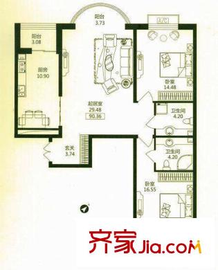 華風(fēng)海城灣戶型圖2#3#樓二單元01號(hào)戶型  2室1廳2衛(wèi)1廚