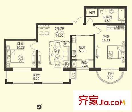 華風(fēng)海城灣戶型圖1#樓二單元02號(hào)戶型 2室1廳1衛(wèi)1廚