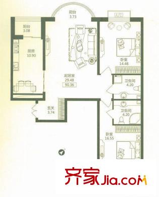 華風(fēng)海城灣戶型圖2#3#樓二單元01號(hào)戶型  2室1廳2衛(wèi)1廚
