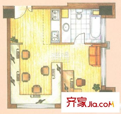 上和置地廣場戶型圖使用面積34.34平方米 1室1廳1衛(wèi)1廚