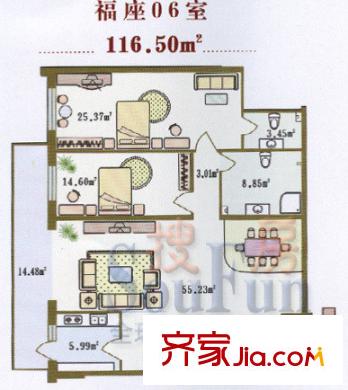龍福家園戶型圖2室2廳2衛(wèi)1廚