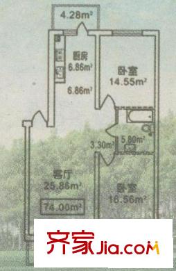 高麗風(fēng)情小鎮(zhèn)戶型圖兩室一廳74平方米 2室1廳1衛(wèi)1廚