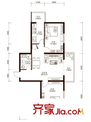 中山國際戶型圖B3戶型  2室1廳1衛(wèi)1廚