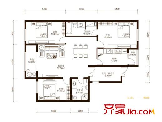 中山國際戶型圖C2戶型 3室2廳2衛(wèi)1廚
