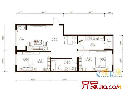 中山國際戶型圖B4戶型  2室1廳1衛(wèi)1廚