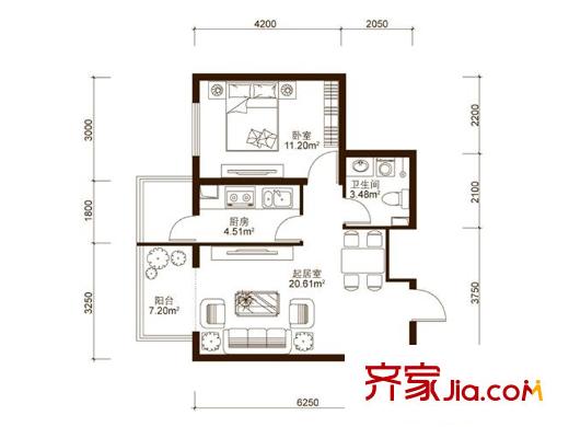 中山國際戶型圖A2戶型  1室1廳1衛(wèi)1廚