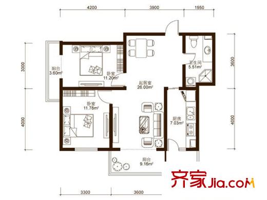 中山國際戶型圖B2戶型  2室1廳1衛(wèi)1廚