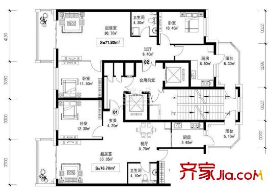 傲城國際戶型圖B棟2單元戶型圖 2室2廳1衛(wèi)1廚