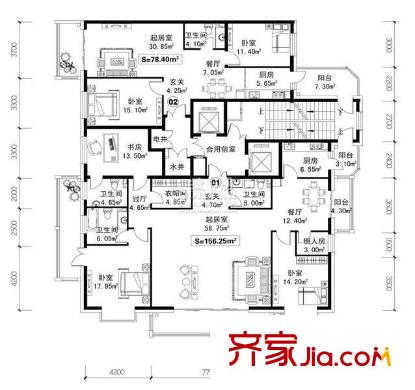 傲城國際戶型圖B棟1單元戶型圖 2室2廳2衛(wèi)1廚