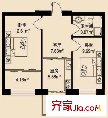 泰和軒戶型圖戶型 使用面積43.74平方米 2室1廳1衛(wèi)1廚