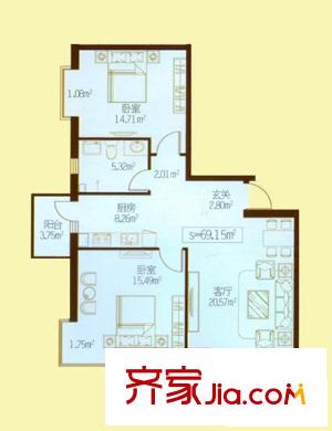 民生國際戶型圖B2戶型 2室1廳1衛(wèi)1廚