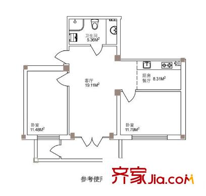 南郡二期麗郡戶型圖56.05米兩室一廳一衛(wèi)一廚 2室1廳1衛(wèi)1廚