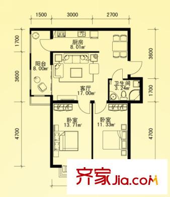 海富金棕櫚戶型圖Q戶型 2室1廳1衛(wèi)1廚