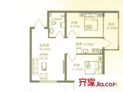 海富金棕櫚戶型圖N戶型 2室1廳1衛(wèi)1廚