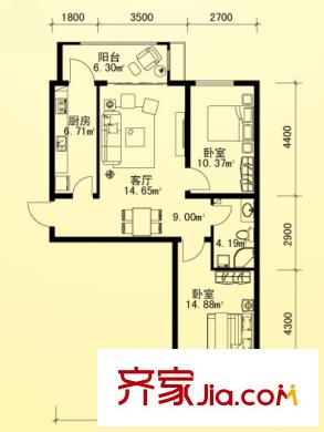 海富金棕櫚戶型圖R戶型 2室1廳1衛(wèi)1廚