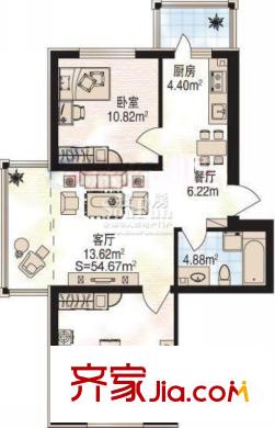 伸馬梧桐灣戶型圖使用面積54.67平方米 2室1廳1衛(wèi)1廚