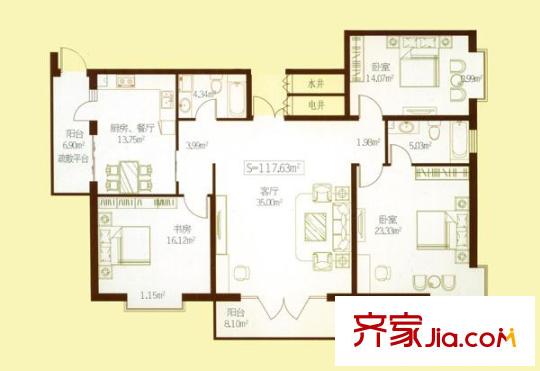 民生國際戶型圖D戶型 3室1廳2衛(wèi)1廚