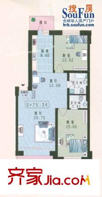 名流新城戶型圖兩室兩廳 使用面積75.34平米 2室2廳1衛(wèi)1廚