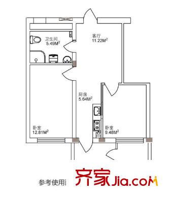 南郡二期麗郡戶型圖48.10米兩室一廳一衛(wèi)一廚 2室1廳1衛(wèi)1廚