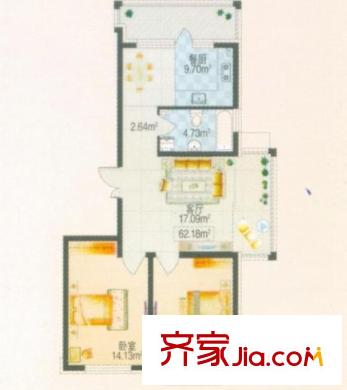 伸馬梧桐灣戶型圖三期高層戶型 使用面積62.18平方米 2室1廳1衛(wèi)1廚
