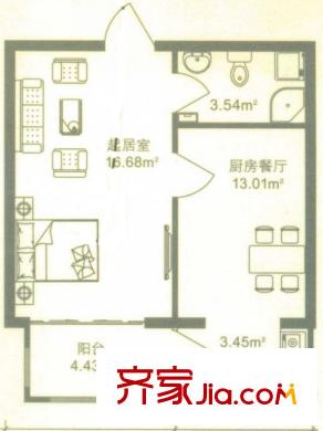 海富金棕櫚戶型圖M戶型 1室1廳1衛(wèi)1廚