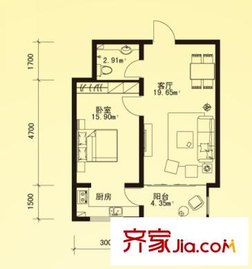 海富金棕櫚戶型圖O戶型 1室1廳1衛(wèi)1廚