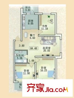 北岸明珠戶型圖戶型D  3室2廳1衛(wèi)1廚