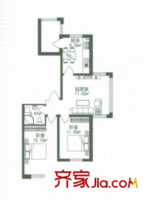 海富漫香林戶(hù)型圖高層B戶(hù)型 2室1廳1衛(wèi)1廚