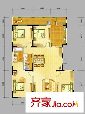 金色萊茵戶型圖7#F戶型  4室2廳2衛(wèi)1廚